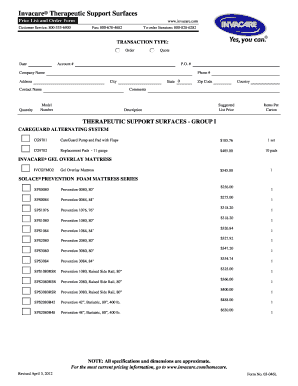 Invacare Therapeutic Support Surfaces Order Form