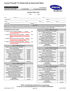 Invacare Formula CG Recline Order Form