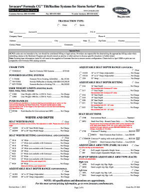 Invacare Formula CG Tilt/Recline Order Form