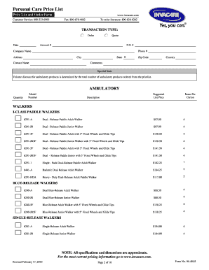 Invacare Personal Care Price List and Order Form