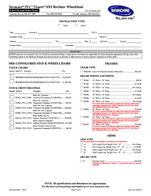 Invacare Tracer SX5 Recliner Wheelchair Order Form