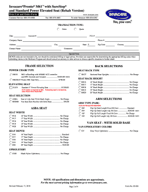Invacare Pronto M61 Order Form