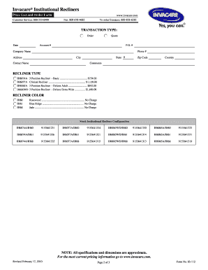 Invacare Institutional Recliners Order Form