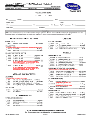 Invacare Tracer SX5 Wheelchair Order Form