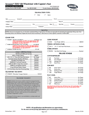 Invacare TDX SR Wheelchair Order Form