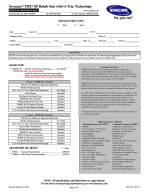 Invacare TDX SP Rehab Seat Order Form