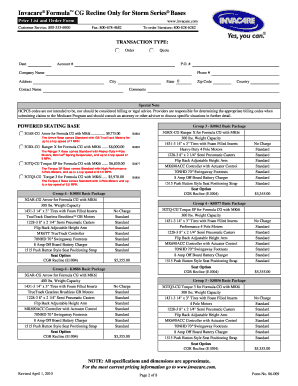 Invacare Formula CG Recline Order Form
