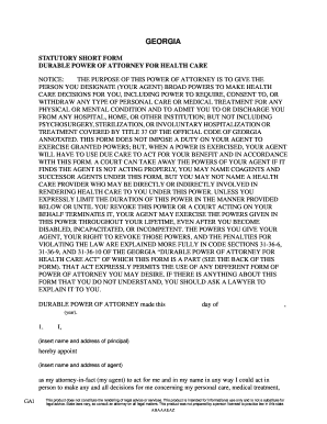 Georgia Durable Power of Attorney for Health Care
