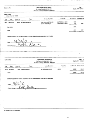 California City Check Register KATHY BAILEY Page: GL Posting Period(s): 09/10 07/11 1 Sep 30, 2010 03:19pm Check Issue Date(s): 09/30/2010 06/30/2011 Per Date Check No Payee Invoice Description Invoice No 09/10 09/30/2010 82621 Verizon