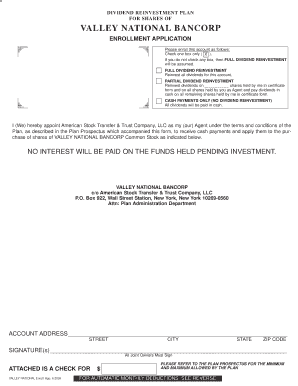 Valley National Dividend Reinvestment Plan Application