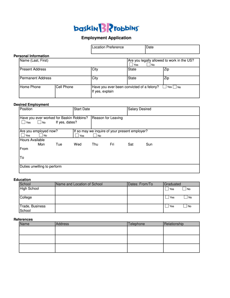 Baskin Robbins Employment Application Form