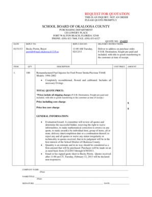 Sales quotation - REQUEST FOR QUOTATION THIS IS AN INQUIRY, NOT AN ORDER PLEASE QUOTE PROMPTLY SCHOOL BOARD OF OKALOOSA COUNTY PURCHASING DEPARTMENT 120 LOWERY PLACE FORT WALTON BEACH, FLORIDA 32548 PHONE: (850) 8337668, FAX: (850) 8336327 QUOTE NO