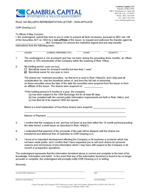 Rule 144 Seller's Representation Letter