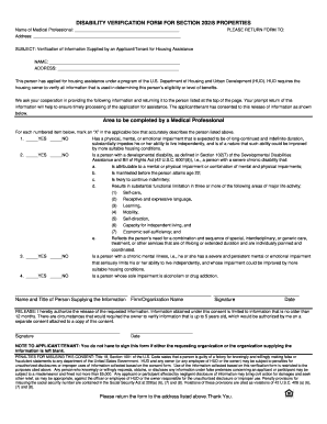 Disability Verification Form for Section 202/8 Properties