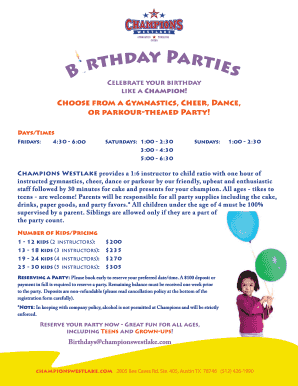 Champions Birthday Party Registration Form