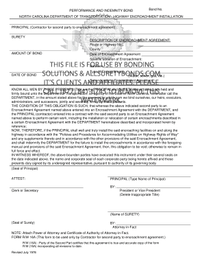 North Carolina Department of Transportation Performance Indemnity Bond 2nd Party Alaska Construction Contractor Bond Forms