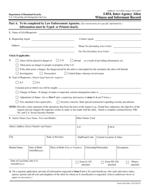 USCIS Form I-854 Inter-Agency Alien Witness and Informant Record