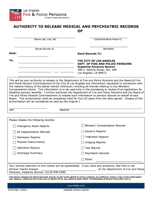 Authority to Release Medical and Psychiatric Records Form - LAFPP