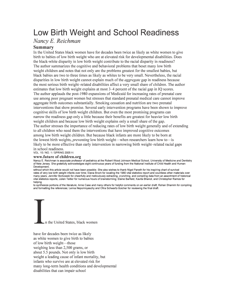 Fillable Online Low Birth Weight and School Readiness Fax Email Print pdfFiller