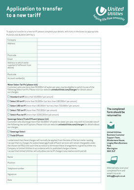 United Utilities Tariff Transfer Application