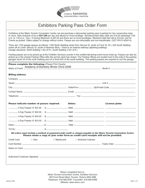 Exhibitors Parking Pass Order Form