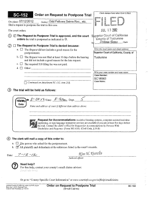 California SC-152 Order on Request to Postpone Trial