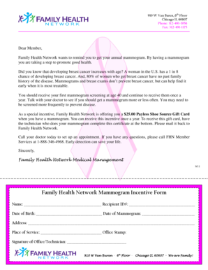 Family Health Network Mammogram Incentive Form