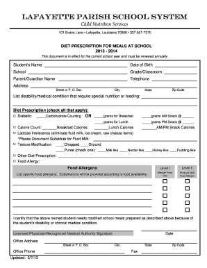 Diet Prescription for Meals at School