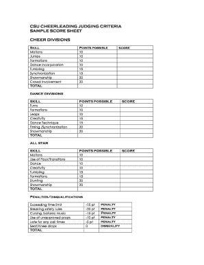 Cheerleading Judging Criteria Sample Score Sheet
