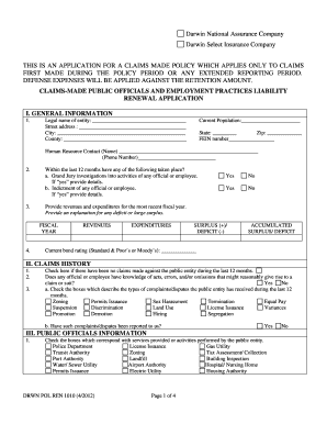 Claims-Made Public Officials and Employment Practices Liability Renewal Application