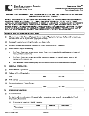 Chubb Executive Elite Directors and Officers Liability Insurance Renewal Application