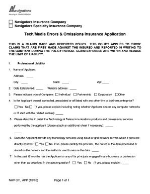Tech/Media Errors & Omissions Insurance Application