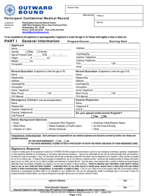 Philadelphia Outward Bound Center Medical Record Form