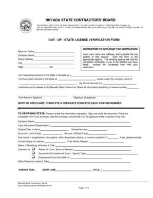 Nevada Out of State License Verification Form
