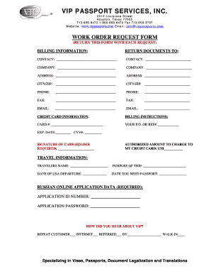 Russia Tourist Visa Work Order Request Form