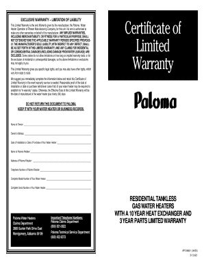 Paloma Water Heater Limited Warranty
