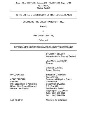 Administrative functional resume - Crewzers Fire Crew Transport Inc v United States Fed Cl No 11-607C Judge Lawrence M Baskir Motion to Dismiss RCFC 12b1 12b6