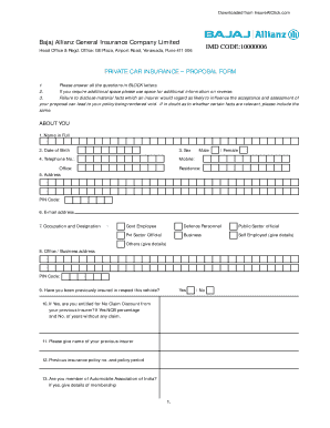 Fillable Online Bajaj Allianz Private Car Insurance Proposal Form Insure At Click Fax Email Print Pdffiller