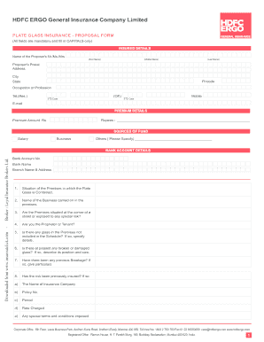 HDFC Ergo Plate Glass Insurance Proposal Form