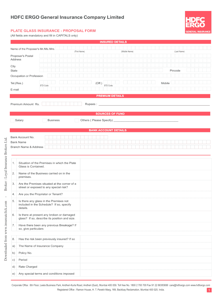 Fillable Online Download Hdfc Ergo Plate Glass Proposal Form