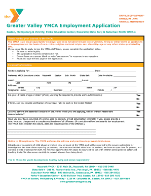 Greater Valley YMCA Employment Application