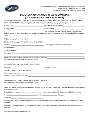 BC School Sports Statutory Declaration by Legal Guardian