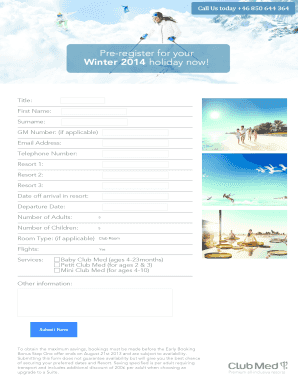 Club Med Early Booking Bonus Form