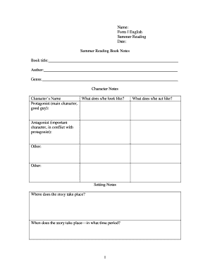 Summer Reading Book Notes Form