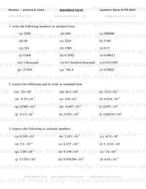 GCSE Maths Standard Form Worksheet