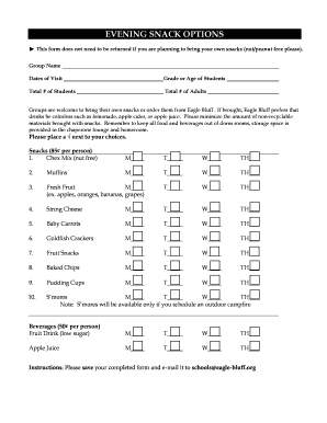 Eagle Bluff Snack Order Form