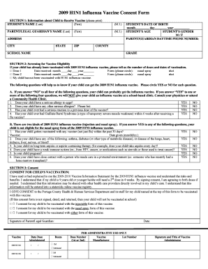 2009 H1N1 Influenza Vaccine Consent Form