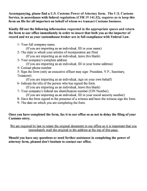 US Customs Power of Attorney Form