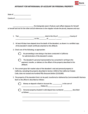 Baffidavitb for withdrawal of account or personal property