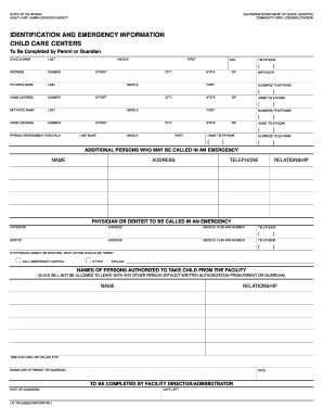California Child Care Center Emergency Information Form
